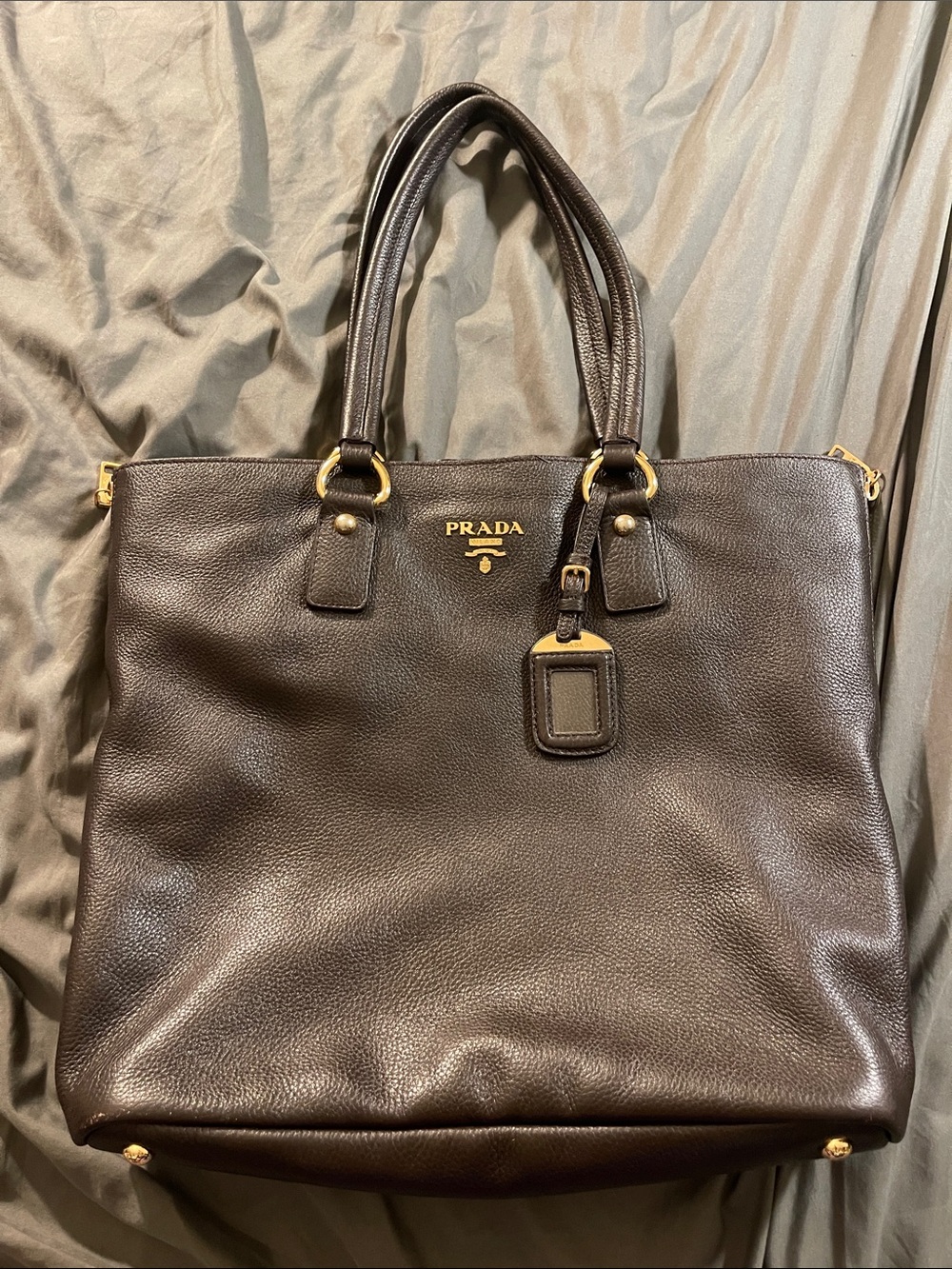 Prada Dark Brown Pebbled Leather Tote with Gold Hardware